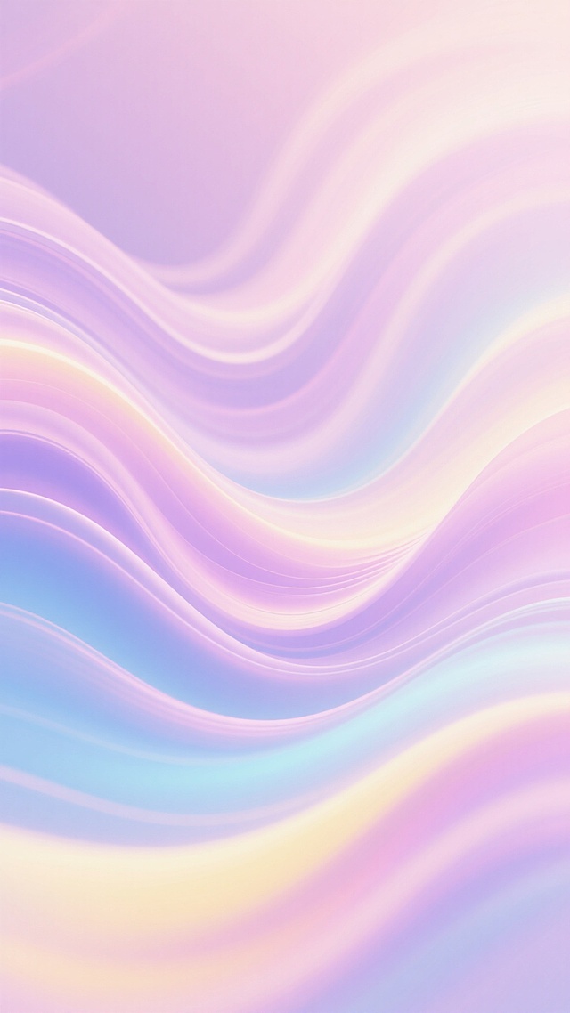 数字艺术风格的背景，柔和的粉紫色与淡蓝色、淡黄色交织，呈现出细腻的渐变效果，整体色调明亮通透，带有梦幻般的光晕感。画面中充满流畅自然的波浪状曲线纹路，线条柔和且富有动感，色彩过渡平滑，光影层次丰富，营造出宁静而浪漫的氛围。炫彩的背景纹路清晰可见，纹路的走向自然流畅，与整体的渐变色彩完美融合，形成一种和谐统一的视觉效果，整体给人一种轻盈、梦幻、柔和的感觉。