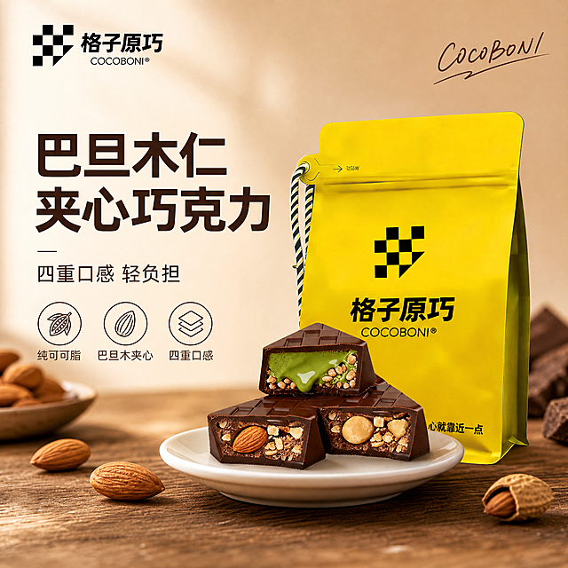[单张主图] 巴旦木仁夹心巧克力，高级氛围感主图，突出产品特点，打造食欲感电商主图。
[画面主体] 保持格子原巧产品包装和切开巧克力外观、物理结构、材质质感、颜色与输入产品图绝对一致，杜绝任何变形和色差，精细化处理。产品主体占画面约55%，放置在中偏右位置，完整展示黄色包装与切开的夹心巧克力切面，清晰呈现巴旦木仁和流心内馅结构。左上角安全区保留格子原巧品牌Logo，字形、颜色、比例与原图保持一致。
[构图版式] 采用左文右物场景型版式，左侧大面积留白，右侧放置产品主体。
[场景元素] 产品放置在深棕色木纹台面上，背景为柔和的浅棕色渐变虚化，烘托巧克力烘焙氛围感，道具搭配完整巴旦木果仁点缀，画面自然干净。
[文案版式] 左侧留白区左对齐排版，主标题"巴旦木仁夹心巧克力"用大号深棕色粗体无衬线字体，分两行排列；副标题"四重口感 轻负担"缩小字号放主标题下方；下方排列三个线稿图标卖点，依次标注"纯可可脂"、"巴旦木夹心"、"四重口感"，文字清晰，不遮挡产品主体。右上角添加英文手写体装饰词"COCOBONI"。
[光影质感] 自然侧窗柔光为主光，勾勒巧克力和果仁轮廓，突出流心的通透光泽；辅光柔和填充，投影自然落在木纹台面上，景深较浅，背景虚化突出产品主体，整体商业摄影质感，光线通透，产品清晰真实，画面干净高级。
[配色字体] 主色调取自产品本身的深棕巧克力色与包装亮黄色，背景浅棕渐变柔化，字色深棕与深黄对比清晰，字体选择细无衬线，字重克制，依靠留白对齐清晰分层。
[比例分辨率] 1:1 比例，2048x2048像素，分辨率2K，文字清晰可辨。
[负向提示词] 变形，水印，错字，糊字，伪Logo，主体遮挡，背景杂乱，低清晰度，错误结构，文字错乱，产品模糊。