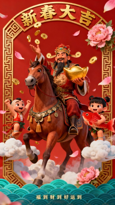 一部充满活力的动画电影海报，专为 2026 年中国农历新年（马年）而作。画面中央，健壮的财神爷骑着一匹威仪不凡的骏马。财神爷左手欢快地握着一块硕大的金锭，右手则抛撒着金币。骏马的鞍具上装饰着流苏和铜币预览效果