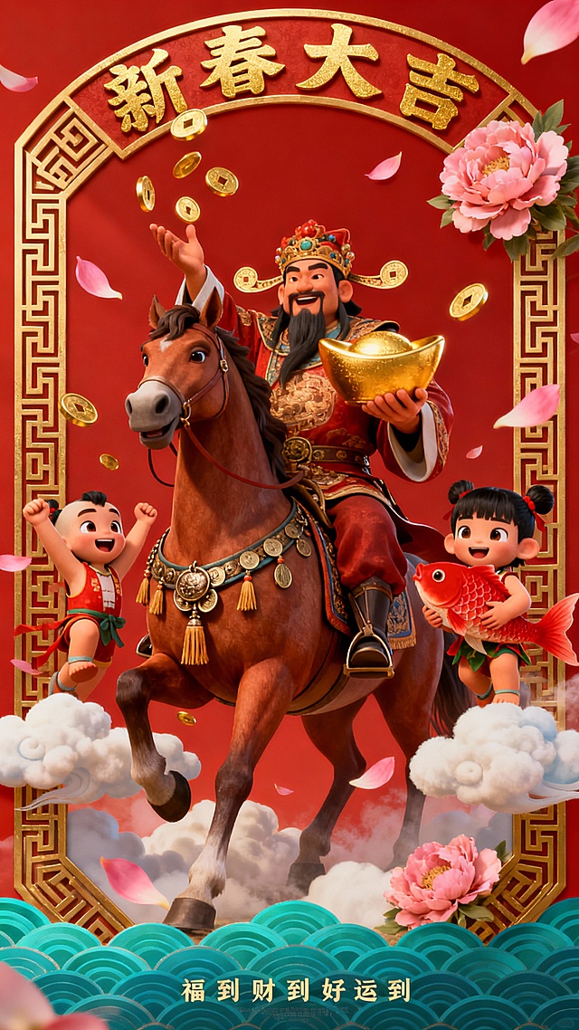 3D国潮风融合重拟物与鎏金元素，卡通财神骑马携童子踏云而来，浮雕边框点缀牡丹与金锭，喜庆氛围浓厚，新春大吉主题鲜明。