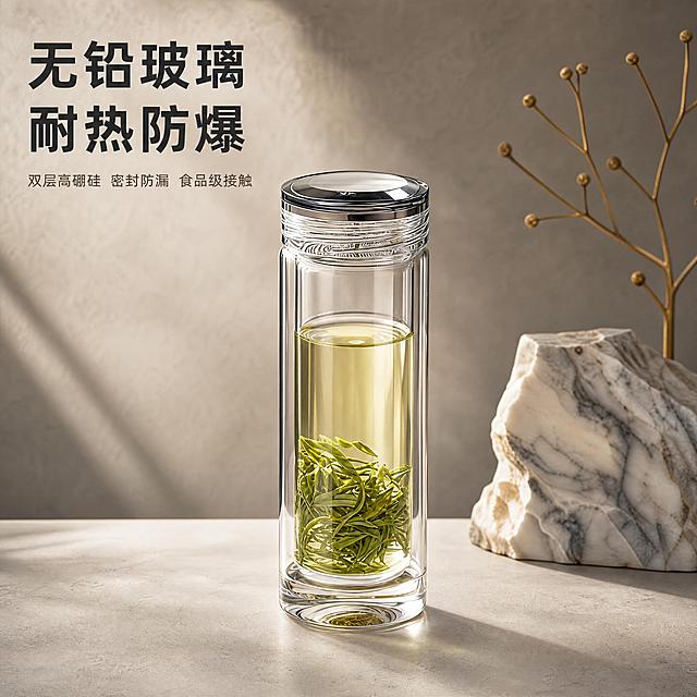 生成1:1比例抖音电商方图，商业静物摄影，8K超高清，主体玻璃杯居中构图，画面干净无杂物。玻璃杯放置在浅哑光米白岩板台面，背景为浅灰侘寂风背景墙，角落点缀天然大理石原石与极简金属细枝摆件，整体轻奢简约布景。采用顶级影棚侧逆光加柔光组合打光，光线层次丰富，让玻璃杯呈现极致通透效果，可以清晰透过杯身看到后方场景，固定杯盖的造型和颜色完全不改动。杯中茶汤清亮温润，茶叶自然舒展，茶水光影折射细腻。添加文字排版：左上留白区域放置醒目加粗主文字“无铅玻璃 耐热防爆”，主文字下方配小字“双层高硼硅 密封防漏 食品级接触”，字体选择简约高级无衬线，不抢夺玻璃杯主体视觉，整体色调沉稳优雅，画质细腻无噪点，高点击率高转化。负向提示词：文字遮挡产品，杯盖变形，背景杂乱，画质模糊