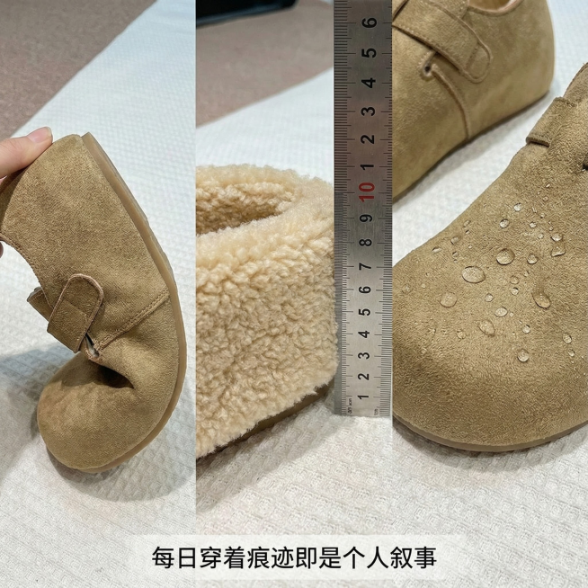 三分割构图:

左区: 鞋底弯曲展示柔韧度

中区: 内部羊羔绒厚度特写(放尺对比)

右区: 牛皮反绒防水测试(水滴珠效果)

底部文字: 「每日穿着痕迹即是个人叙事」预览效果
