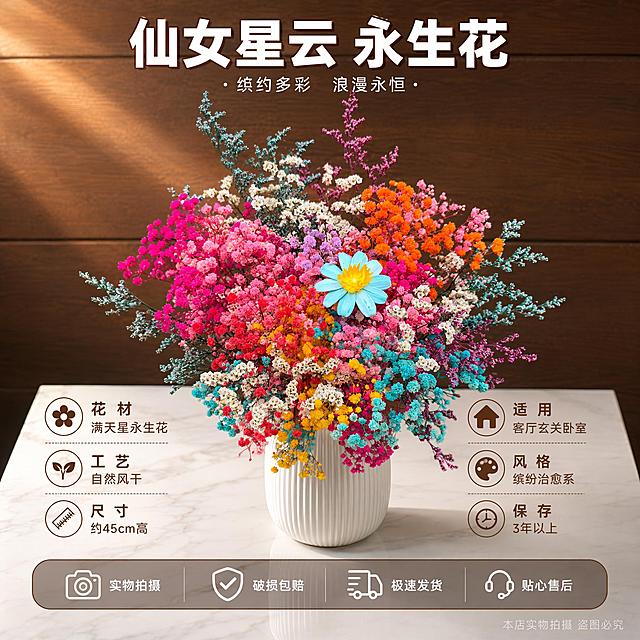 [主图-5] 永生花规格与服务信息决策图
[氛围风格] 温馨品质感 信息清晰 信任背书
[画质] 商业摄影质感 产品清晰 信息规整
[元素] 七彩满天星永生花束插白色陶瓷花瓶 置于白色大理石方桌 背景深棕色木质墙面 花束完整展示 饱满蓬松 色彩缤纷 画面下方或侧边展示产品相关信息 保持永生花束外观 颜色 花型 材质与输入产品图绝对一致 杜绝变形和色差 商品主体占比约65%
[光影] 左上方自然光柔和照射 花束明亮通透 花瓣有自然光泽 台面有柔和倒影 背景光影层次丰富 整体暖调温馨
[配色] 主色七彩花束 背景深棕 台面白色 文字深棕和白色搭配 清晰对比
[视角构图] 略微俯视 花束位于画面中上区域 下方留出信息展示空间 构图均衡稳定
[文字版式] 顶部居中主标题仙女星云 永生花 白色粗体大字带轻微深棕描边 下方信息区分左右两列 左列 花材 满天星永生花 工艺 自然风干 尺寸 约45cm高 右列 适用 客厅玄关卧室 风格 缤纷治愈系 保存 3年以上 每列信息图标+文字 整齐排列 深棕色文字 底部服务保障栏 浅半透明底 四项服务等宽排列 实物拍摄 破损包赔 极速发货 贴心售后 每项图标+文字 白色字 右下角小字标注 本店实物拍摄 盗图必究 所有文字不遮挡花束主体
[输出要求] 1:1比例 文字清晰锐利 超高清商业摄影质感
[负向提示词] 变形 文字错乱 产品模糊 背景杂乱 水印 电商平台Logo