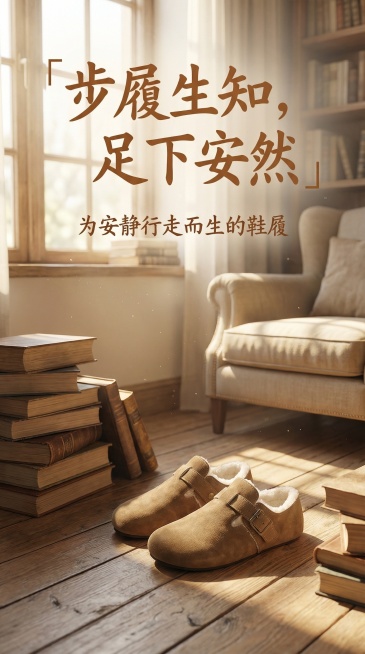 全屏图：晨光中的书房角落，鞋在木地板书堆旁

大字：「步履生知，足下安然」

小字：为安静行走而生的鞋履预览效果