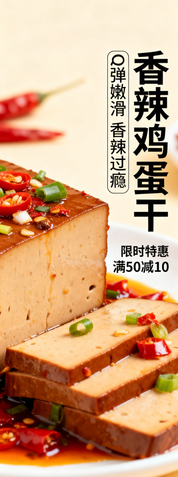 电商店铺装修长海报，产品是香辣鸡蛋干，展示整块切开的鸡蛋干搭配调料，突出Q弹嫩滑的质感，暖色调美食氛围，简洁干净的版式，留有文字区域预览效果