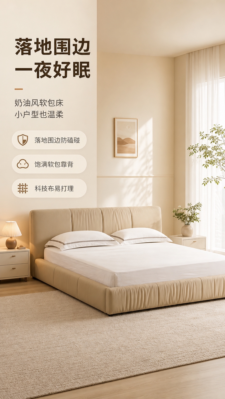 [商品] 使用【图1】卡其米色落地围边布艺软包床；保留落地围边… - 图片创意预览