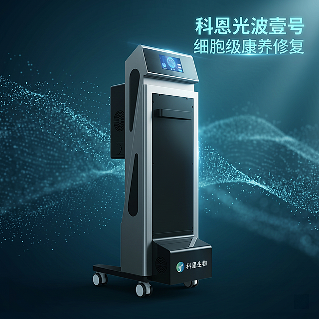 生成750*750的科恩光波壹号康养设备电商产品图，科技感未来风格，商业摄影高级质感，光线通透锐利，产品细节清晰真实。严格保持科恩光波壹号设备的外观物理结构、银黑配色、材质质感与输入产品图完全一致，杜绝变形和色差，精细化还原所有细节。产品主体居中放置，占画面比例70%左右，背景为深邃蓝青色科技感场景，点缀流动的淡蓝色粒子光效、柔和的光波扩散波纹元素，营造细胞级康养修复的科技医疗氛围。主光从侧上方打来，勾勒设备金属银边的高光，屏幕透出幽蓝色科技光效，暗部层次丰富有科技氛围感。主色调为深邃蓝青+银黑产品色，点缀淡蓝荧光光效，整体画面干净高级充满未来科技感。平视视角，景深适中，产品轮廓完整无裁切。画面右上角放置醒目科技感字体的广告词"科恩光波壹号 细胞级康养修复"，字体为发光蓝青色，排版简洁大气，不遮挡产品主体，文字清晰锐利。画面满铺无边框，无多余杂乱元素。负向提示词：变形，水印，文字错乱，产品模糊，背景杂乱。