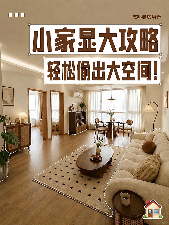 基于这张小红书家居封面图进行修改，保持整体版式、构图、虚线标注、家具场景和风格完全不变，只修改文字内容：1. 将主标题「小家显大秘诀」改为「小家显大攻略」；2. 将副标题「空间这样偷！」改为「轻松偷出大空间！」；3. 将右上角英文「Multi-functional space」改为「志邦老房焕新」。标题字体、颜色、白色底框样式、四角小方块装饰均保持与原图一致，仅替换文字内容。其余所有元素（虚线框、左上角三个小方块、右下角房子贴纸、家具场景、光影色调）完全保留不变。