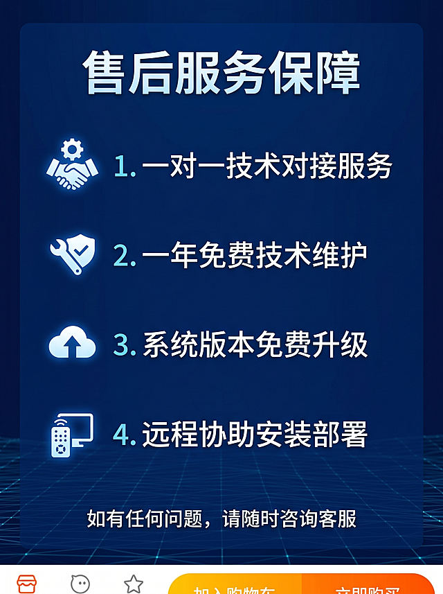 淘宝宝贝详情图第五屏收尾屏，移动端3:4竖屏，延续深蓝色科技商务风格。本屏展示售后服务与购买须知，顶部大标题「售后服务保障」，内容纵向排列：1 一对一技术对接服务；2 一年免费技术维护；3 系统版本免费升级；4 远程协助安装部署。底部放置咨询提示文字，居中排版，整体信息清晰。背景深蓝色渐变科技网格，文字高对比易读，画质2k清晰，间距合理，符合移动端浏览。
