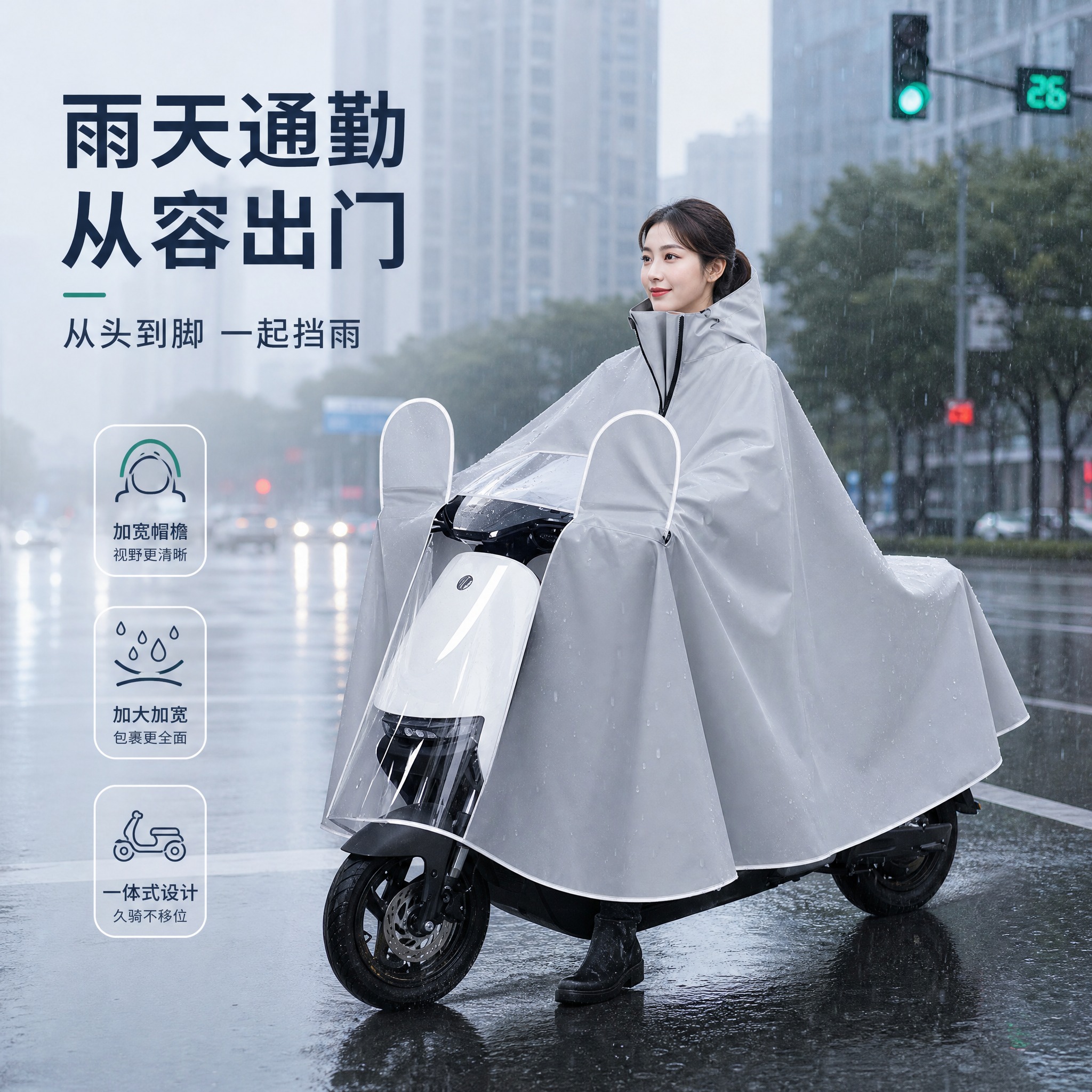 [主图-3] 加大加宽一体式电动车骑行雨衣 · 雨天通勤真实使… - 图片创意预览