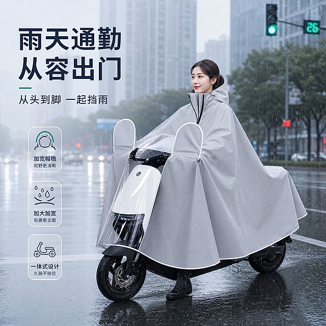 [主图-3] 加大加宽一体式电动车骑行雨衣 · 雨天通勤真实使用场景图。
[统一基调] 高级户外编辑风，浅雾蓝灰渐变背景（#E9EEF5 至 #C9D5E3）；主标题字色深墨蓝 #17273B，辅助字色中灰蓝 #5B6B80，强调色冷绿 #2E9E86；主标题与说明文字统一使用无衬线黑体（思源黑体），标题加粗，说明文字同款字体常规字重且字号比主标题小 50% 以上；图标与标签为细线描边圆角样式、浅半透明底，不用厚重色块底板与通栏边框；文字放画面负空间，不遮挡人脸与雨衣结构；全套保持同一标题区位置与留白方向。
[画面] 亚洲女性模特，28 岁左右，鹅蛋脸，皮肤白皙，妆容精致，深棕色低扎马尾，身穿浅灰色加大加宽一体式骑行雨衣（带加宽帽檐与透明前视窗），内搭深色通勤针织衫与长裤；中远景骑行状态，画面为雨天城市路口，模特位于画面中间偏右占 50%-60%，头不顶边；雨点打在雨衣上溅起细小水花，加长下摆自然垂落覆盖到大腿以下与鞋面，路面积水反光，背景楼宇与行道树虚化，只做环境提示不抢主体。保持雨衣外观、结构、材质、颜色与输入产品图一致，骑行视角与场景视角一致。
[光影质感] 阴雨天冷调自然光，地面湿反光，雨衣哑光面呈柔和层次，风感使衣摆与袖口有自然动态。
[配色] 场景环境色为冷灰蓝，文字与图标沿用统一基调。
[文字版式] 左下或右下负空间放主标题与一行副标题："雨天通勤 从容出门"，"从头到脚 一起挡雨"；不加参数卡，保持轻文案。文字放不下就换行，不拉伸压扁。
[输出要求] 1:1 正方形，文字清晰无错字，产品清晰，场景真实不悬浮；负向：变形、错字、模糊、杂乱、水印、平台 Logo、肢体穿模、面部扭曲。