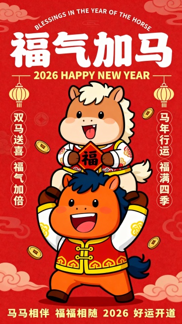 拟人的马，和人一样双脚站立，正面，童趣手绘风格新年插画，平涂色彩，以高饱和度正红色为背景，点缀祥云纹样与钱币图案，画面主体是两只叠放的Q版拟人的马，下方是体型较大的橙色拟人马，搭配深蓝色的鬃毛，大笑，预览效果