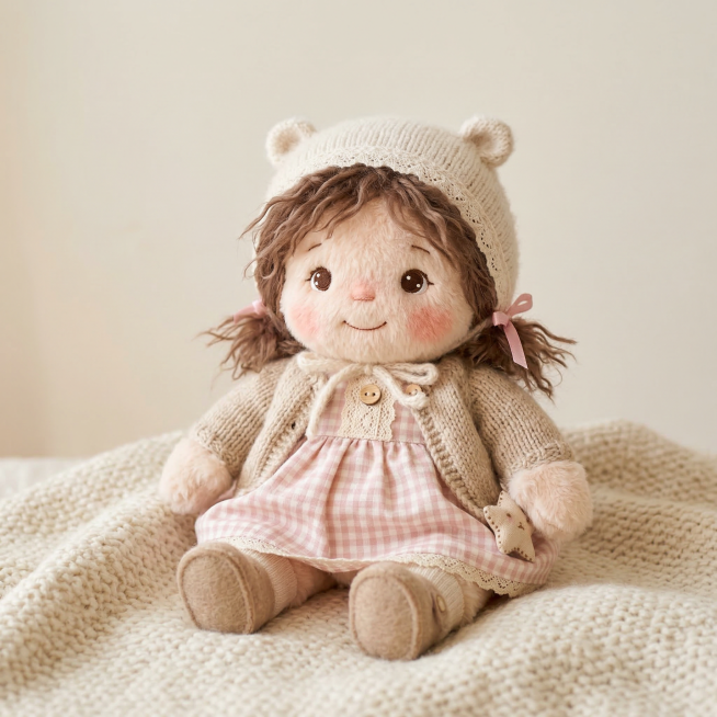 一只可爱的毛绒玩具人偶，柔软蓬松的材质，温暖治愈风格，整体做工饱满精致，色彩柔和，放置在纯色简洁背景下，质感柔软舒适，充满童真氛围预览效果