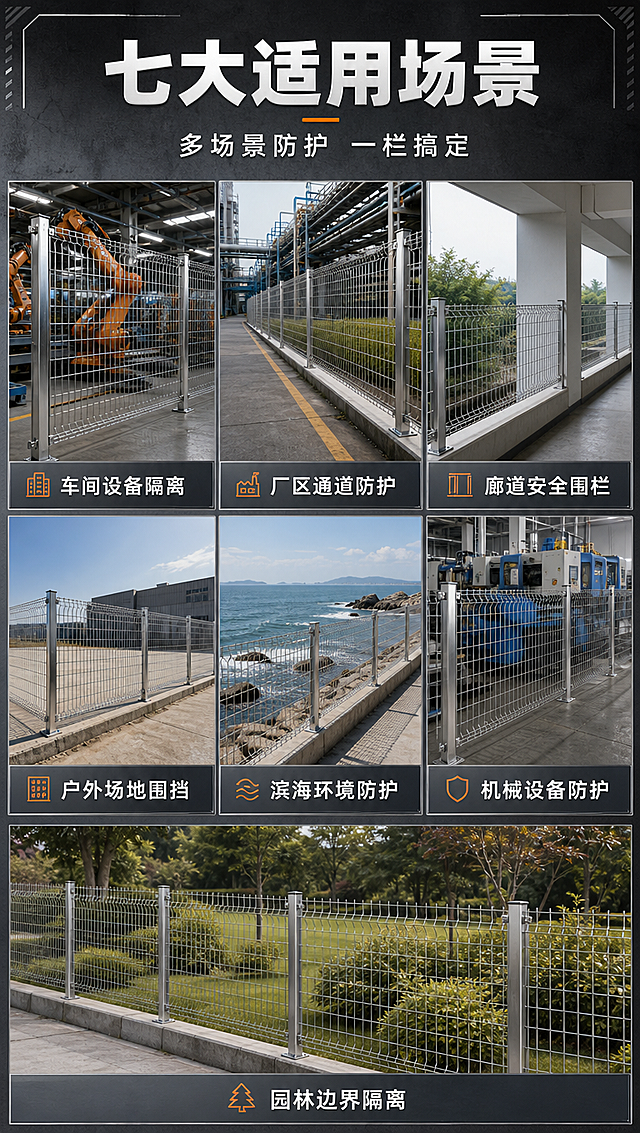 [商品] 使用【图1】304不锈钢双边丝护栏；保留产品结构和金属银灰质感；产品以缩小形态融入各场景中，每个场景小图展示护栏的实际应用效果，不改变产品结构比例。
[画面] 页面目标：多场景应用展示，覆盖7大适用场景。构图：宫格式布局，2×3+1结构（上3格+中3格+底部1通栏），共7个场景格。每格为一个应用场景小图，护栏融入场景中：1.车间设备隔离 2.厂区通道防护 3.廊道安全围栏 4.户外场地围挡 5.滨海环境防护 6.机械设备安全防护 7.园林边界隔离（底部通栏）。每格场景图下方配场景名称标签。背景：深灰色工业风背景，格子间有细银线分隔。阅读动线：从上至下，逐行浏览场景。
[视觉] 套系策略：风格=工业五金建材商业摄影风，硬朗专业；标题字=粗黑无衬线黑体，厚重有力；正文字=简洁无衬线黑体；主色=深灰+金属银；背景延展=基于深灰做深浅层级渐变，搭配水泥灰和工业蓝灰色调；强调色=工业橙，仅用于小面积图标、引线和标签；标题色=纯白/深炭灰；正文色=中灰；组件=直角金属质感信息卡、细银线引线、工业风图标；光影=各场景独立真实光照，统一冷调工业感。
[文字] 顶部主标题：七大适用场景（6字）；副标题：多场景防护 一栏搞定（8字）。7个场景名称标签（每格4-6字）：车间设备隔离、厂区通道防护、廊道安全围栏、户外场地围挡、滨海环境防护、机械设备防护、园林边界隔离。文字全部横排，标签位于每格底部。
[规格] 图片比例9:16竖版，4K分辨率，负向提示：避免变形、错字、文字过小、竖排文字、卡通、塑料感、模糊、极限词、平台Logo水印。