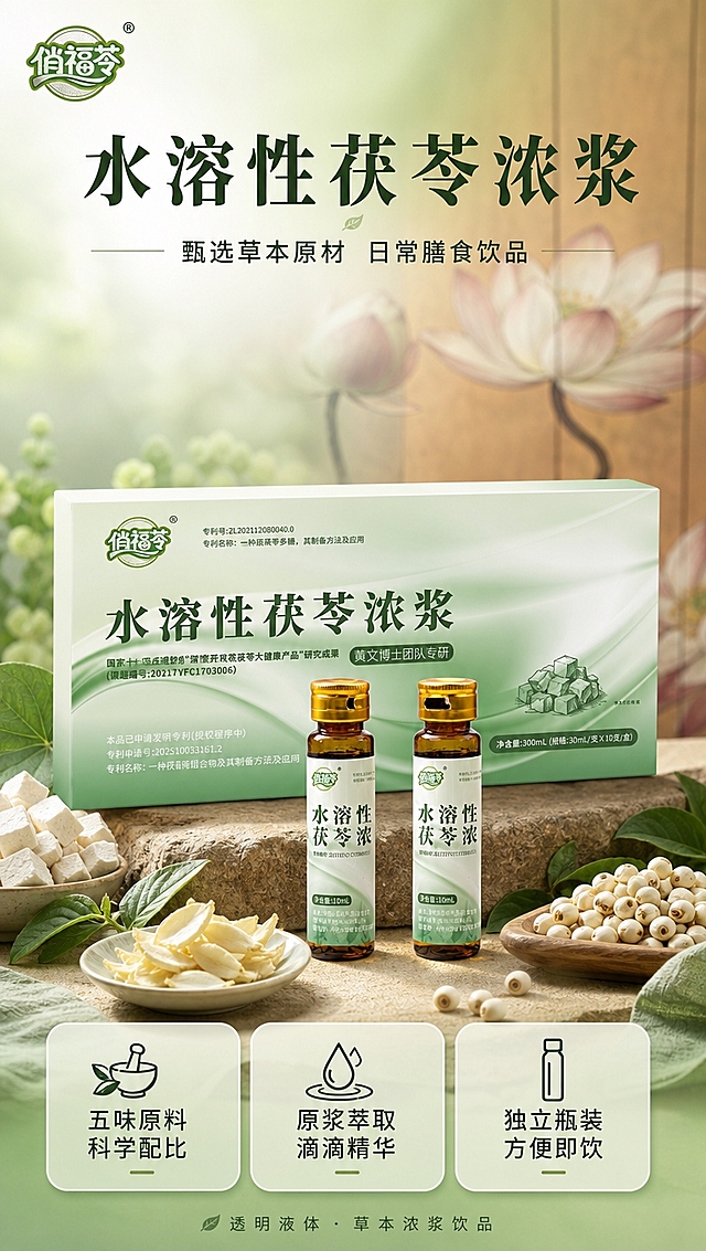 [商品] 使用【图1】俏福苓水溶性茯苓浓浆口服液瓶（棕色玻璃瓶、金色瓶盖、白色标签含俏福苓Logo与产品名）与【图2】产品外盒（浅绿色渐变包装、俏福苓商标、水溶性茯苓浓浆字样）；保留瓶身与外盒的结构、颜色、材质、Logo、包装文字、标签图案，不改变商品原貌；产品为透明液体草本浓浆饮品。
[画面] 目标：头图海报，突出产品全貌与核心卖点，草本清新氛围。构图：上文下图，顶部标题区，中部产品主体占画面65%，瓶+外盒组合摆放，前景点缀茯苓块、百合干、薏苡仁等草本食材，背景虚化中式禅意荷花与木质纹理（呼应图1背景风格），前中后景3层以上。阅读动线：从上至下，标题→产品→卖点。
[视觉] 套系策略：风格=中式草本清新商业摄影，温润治愈高级感；标题字=宋体衬线粗体，雅致有东方感；正文字=简洁无衬线黑体；主色=浅草绿+米白；背景延展=基于浅草绿做深浅渐变、同色层次、水墨晕染与草本纹理质感；强调色=深墨绿，仅用于小面积图标、引线、标签和重点字高亮；标题色=深墨绿；正文色=深灰绿；组件=圆角浅底信息卡、细线引线、草本图标；光影=左前侧柔和自然光，通透温润。
[文字] 顶部居中主标题「水溶性茯苓浓浆」，副标题「甄选草本原材 日常膳食饮品」；画面下方横向排列3个卖点胶囊：①五味原料 科学配比 ②原浆萃取 滴滴精华 ③独立瓶装 方便即饮；左上角放俏福苓商标；所有文字横排，移动端清晰可读，不遮挡产品主体。
[规格] 抖音详情页单屏9:16竖版，4K分辨率，负向提示：避免变形、错字、文字过小、模糊、医疗功效宣传、极限词、冷蓝灰主色调、商品结构失真。