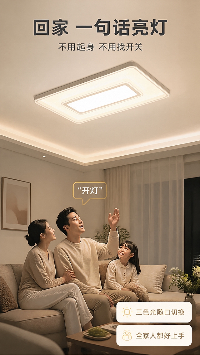 [商品] 使用【图1】M336棉纹语音吸顶灯：保留长方形灯体、浅灰铁艺窄边框、米白棉纹亚克力柔光面罩与圆润四角，场景中灯具结构与比例不变，不新增商品本体文字或Logo。
[画面] 竖版真人使用页：现代简约客厅夜晚场景，亚洲家庭一家三口自然围坐沙发，其中一人抬头对空气说“开灯”，吸顶灯随之亮起暖光；构图采用中景偏仰视，前景沙发与茶几局部、中景人物与吊顶灯具同框、后景浅色墙面与纱帘；产品占画面约50%，人物自然不生硬，光线来自吸顶灯真实照射方向，吊顶有柔和漫反射光晕。
[视觉] 套系策略：风格=现代简约家居照明商业摄影；标题字=现代无衬线粗体（思源黑体Bold）；正文字=简洁无衬线（思源黑体Regular）；主色=暖米白；背景延展=基于暖米白做深浅层级、同色渐变与细腻棉纹/亚麻质感；强调色=暖金光，仅用于小面积图标、引线、标签与局部光效；标题色=深炭灰；正文色=中暖灰；组件=圆角浅底信息卡、细线引线、小圆点；光影=顶部柔光叠加灯体自身发光形成的柔光晕与吊顶漫反射。
[文字] 顶部横向主标题“回家 一句话亮灯”，副标题“不用起身 不用找开关”，右下横向两条短卖点“三色光随口切换”“全家人都好上手”；全部横排、不遮挡人物与灯具，手机端可读。
[规格] 图片比例9:16竖版，4K，避免变形、错字、文字过小、竖排或斜排文字、水印、平台Logo角标、面部畸变、肢体错乱、产品结构改变、冷蓝成为背景主色。