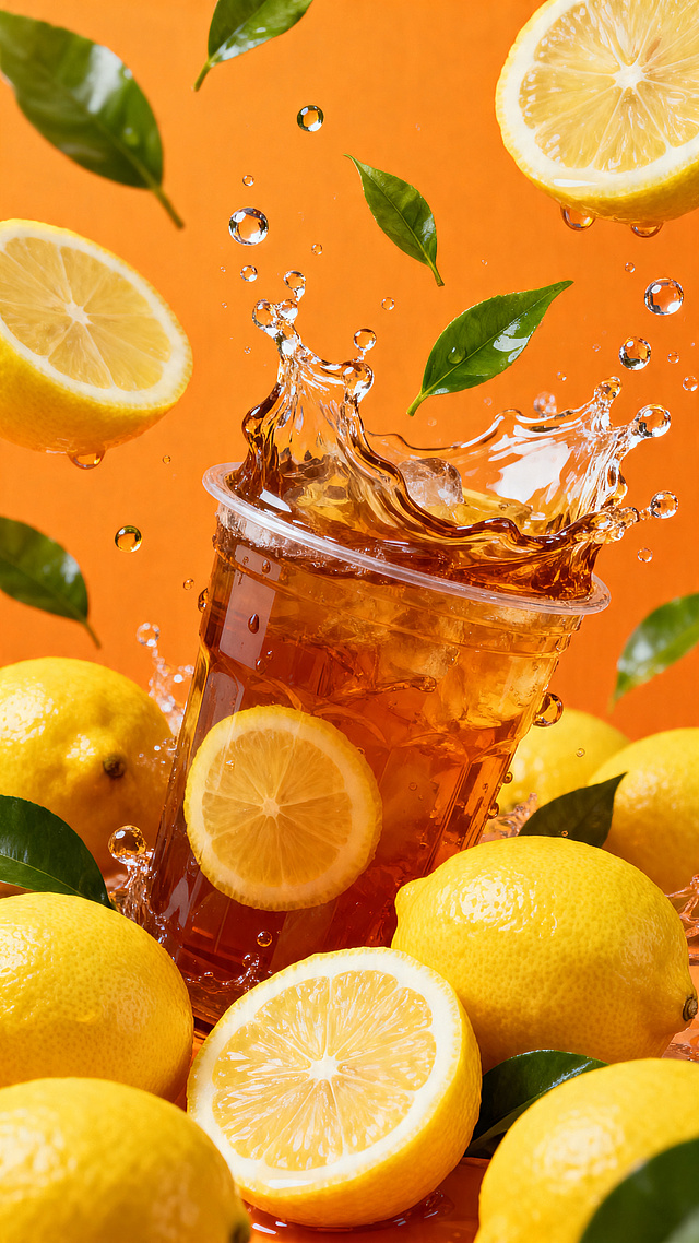 柠檬红茶海报设计，背景布满新鲜多汁的柠檬，包含完整柠檬、对半切开的柠檬和切片柠檬，柠檬鲜艳饱满，表面光滑带有自然纹理，柠檬红茶飞溅形成晶莹剔透的水花和水珠，水花呈现动态形态，水珠在光线下闪闪发光，充满活力和动感，绿茶叶飞溅，整体色调以明亮的橙色为主，营造出清新清爽充满活力的氛围，让人感受到柠檬红茶的新鲜和美味