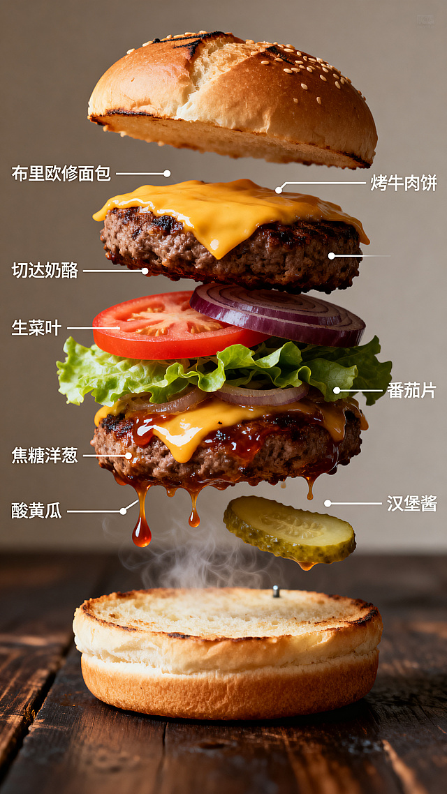 重拟物风汉堡解构图，实景感十足，光影与体积感强烈，胶片质感搭配油画风细节，呈现舌尖上的节日盛宴。