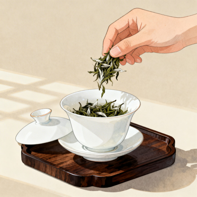 一张正方形的古朴美观的古树茶冲泡第二步投茶入盖碗示意图，大气高级，干净通透，展示将古树茶叶投入白瓷盖碗的过程，整体风格雅致上档次预览效果