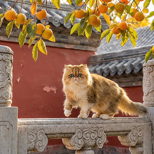 照片里的的长毛猫，不改变脸造型跟颜色，绿色的圆眼睛，正迈着一只前爪站在带有传统花纹的灰色石栏杆上，背景是中国古建筑的红色墙壁和灰色瓦片屋顶，头顶上方是挂满橙黄色柿子和翠绿黄叶的树枝，阳光明媚，光线充足，富有秋日温暖氛围，高清写实摄影风格，色彩鲜艳和谐，细节清晰，猫的毛发柔软蓬松有光泽，整体构图平衡，充满生活气息和自然美感。