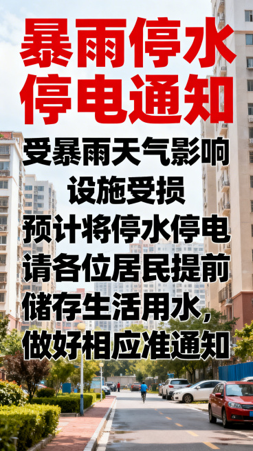 暴雨破坏停水停电居民提前储水通知海报，海报顶部写着醒目的"暴雨停水停电通知"，正文写着"受暴雨天气影响，设施受损，预计将停水停电，请各位居民提前储存生活用水，做好相应准备"，整体风格正式醒目，红色警示预览效果