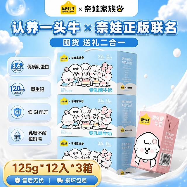 「图片1」「图片1」「图片1」参考图1排版，图2，3是产品，图中包含3箱奶，一盒奶，我是认养一头牛电商运营，现在要做电商主图，大字标题：认养一头牛 × 奈娃正版联名，副标：囤货 + 送礼二合一，卖点文案：  3.6g /100ml 优质乳蛋白，120mg/100ml原生钙，低 GI 配方，0乳糖牛奶，乳糖不耐也能喝，底部文案：售后无忧，损坏包赔，规格：125g*12入*3箱 尺寸为800*800
