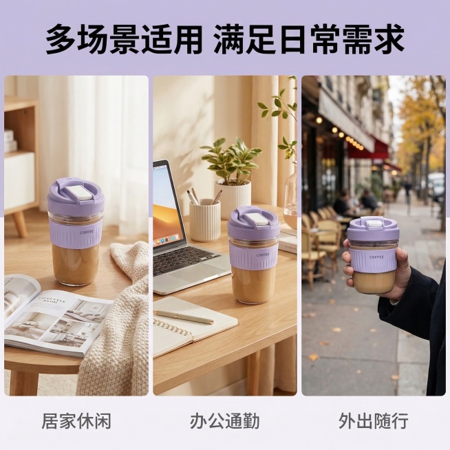 主图主题：玻璃杯多场景使用展示；氛围/风格：舒适简约、家居治愈，真实生活化场景；画面元素：采用三宫格拼图布局，光影统一柔和：左侧图展示玻璃杯放在客厅茶几搭配杂志的休闲场景，中间图展示放在书桌搭配笔记本预览效果