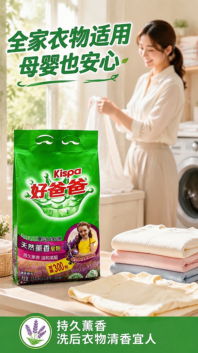 [第4屏] 家庭使用场景展示-好爸爸天然薰香洗衣皂粉。本屏使用【图1】作为商品主体。
[氛围/风格] 温馨家居场景风，自然生活化，柔和光线，真实有代入感的商业摄影质感。
[元素布局] 产品放置在阳台洗衣机旁的浅色台面上，周围搭几件干净柔顺的衣物，背景虚化温馨家庭洗衣区，一位妈妈微笑着在旁整理衣物，人物自然不突兀，产品占画面约40%，包装信息保持和原图一致。
[光影质感] 自然光侧光照明，柔和阴影，整体明亮温暖，突出产品干净清新的气质。
[配色色系] 全局底色是浅米白家居墙面，主色产品绿色，辅助色衣物浅色系，整体色调干净温暖和谐。
[视角构图] 斜侧视角，中景场景构图，产品前景清晰，背景人物虚化，阅读动线从上到下自然。
[文字版式] 顶部主标题「全家衣物适用 母婴也安心」，底部信息条「持久薰香 洗后衣物清香宜人」，文字不遮挡产品主体，大小适中清晰可读。
[比例分辨率] 9:16竖版比例，4K分辨率，文字清晰可辨，高清画质。
[负向提示词] 人物变形，产品包装文字错乱，颜色偏差，背景杂乱，水印，过度修图