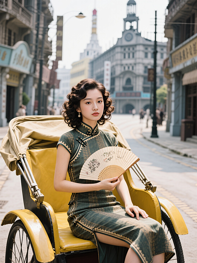 民国时期的女子，烫着卷发，身穿旗袍，手拿纸扇，在上海滩的街道上的黄包车上