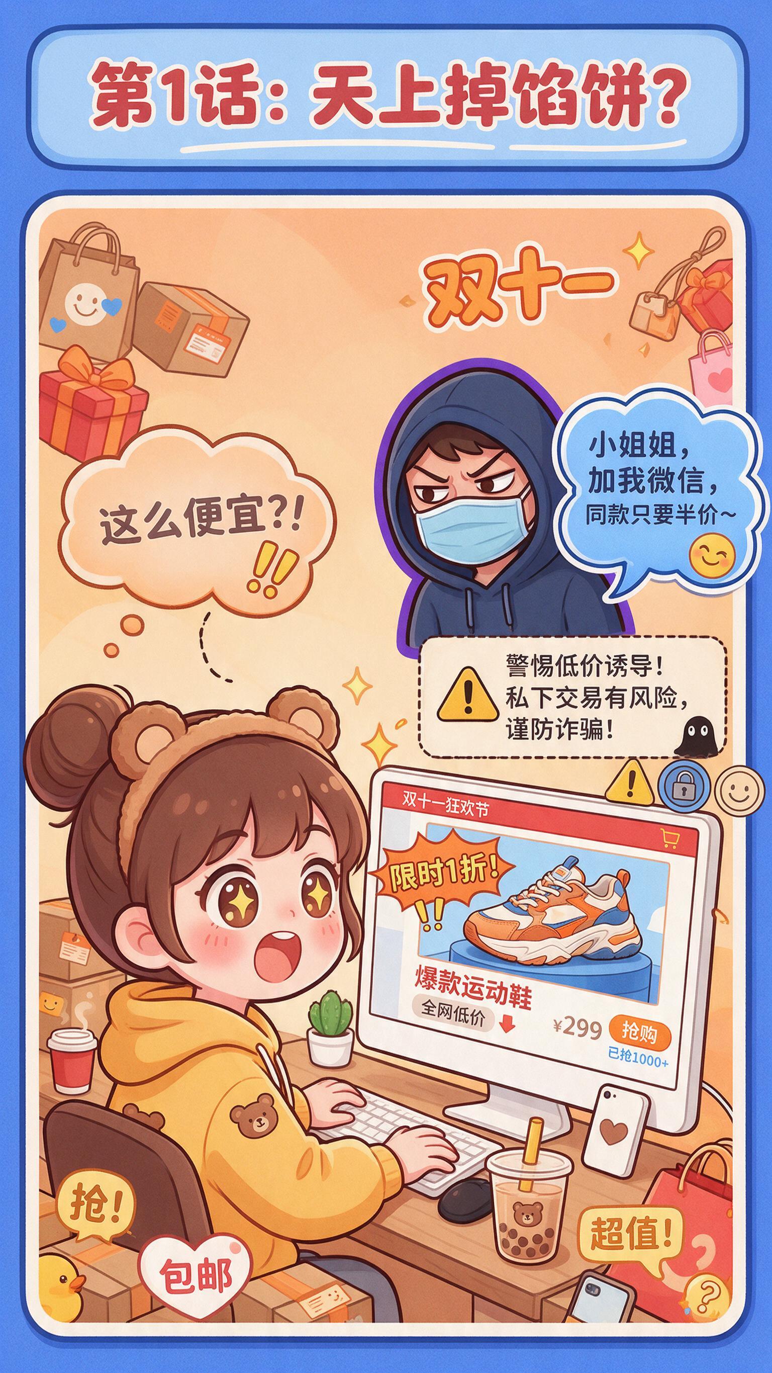 [画面] 条漫第二格：故事开端。双十一期间，年轻女生小美坐在电… - 图片创意预览