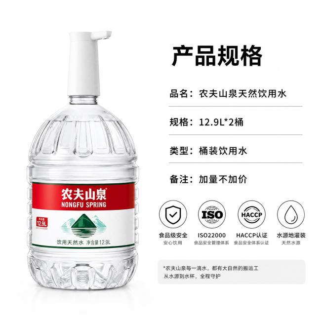 [主图-5] 农夫山泉12.9L规格参数与信任背书图
[氛围风格] 简洁可信，专业严谨
[画质] 清晰商业摄影，信息排版整齐清晰
[元素] 农夫山泉12.9L桶装水居左放置，右侧为规格参数区域，背景为预览效果