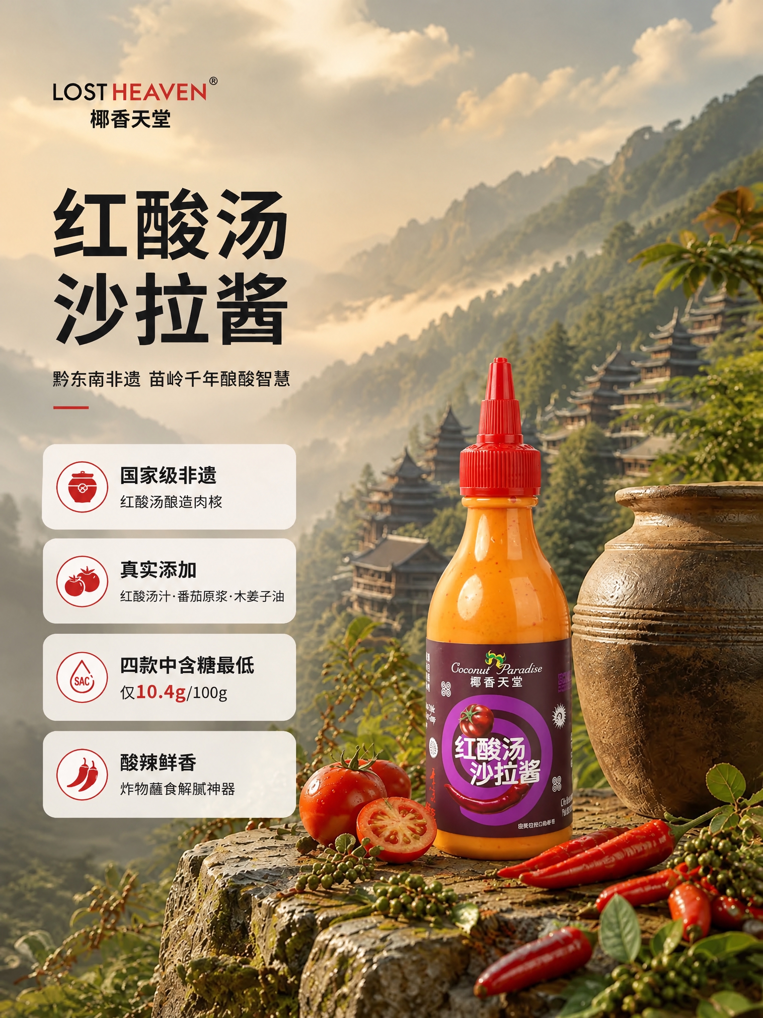 图1是电商详情图（红酸汤沙拉酱卖点图），图2是新品牌酱料瓶的产… - 图片创意预览