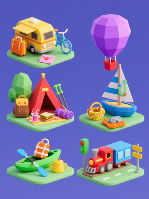 6个不同场景的3D卡通旅游元素集合，每个场景均采用低多边形风格，圆润造型，鲜艳纯色，柔和阴影，高饱和度，纯色背景。场景1：黄色露营车配橙色行李箱、蓝色自行车和粉色信封；场景2：红色帐篷旁有绿色登山杖、棕色背包和紫色睡袋；场景3：蓝色帆船带着黄色救生圈、橙色浮板和绿色潜水镜；场景4：紫色热气球下挂着红色野餐篮、黄色三明治和粉色果汁杯；场景5：绿色皮划艇配蓝色船桨、橙色救生衣和黄色水壶；场景6：红……预览效果