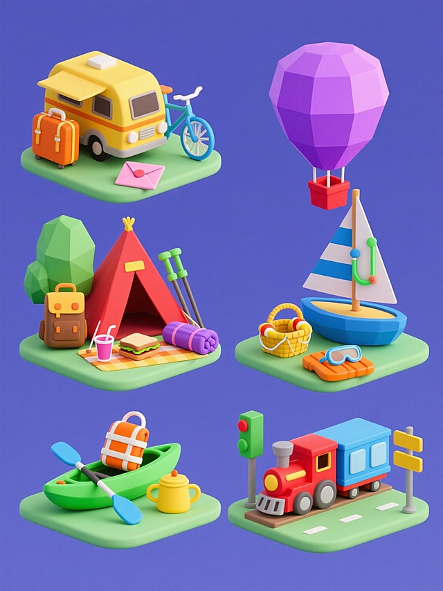 6个不同场景的3D卡通旅游元素集合，每个场景均采用低多边形风格，圆润造型，鲜艳纯色，柔和阴影，高饱和度，纯色背景。场景1：黄色露营车配橙色行李箱、蓝色自行车和粉色信封；场景2：红色帐篷旁有绿色登山杖、棕色背包和紫色睡袋；场景3：蓝色帆船带着黄色救生圈、橙色浮板和绿色潜水镜；场景4：紫色热气球下挂着红色野餐篮、黄色三明治和粉色果汁杯；场景5：绿色皮划艇配蓝色船桨、橙色救生衣和黄色水壶；场景6：红色火车头拉着蓝色车厢，旁边有绿色信号灯和黄色路牌。所有元素整齐排列，无文字、无logo、无水印。