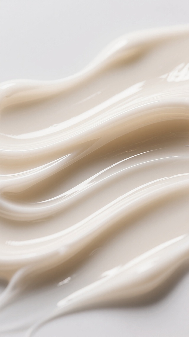 高光泽度的米白色面霜质地，呈现出不同的流动形态，细腻柔滑的膏体表面带有自然的波浪状纹理，局部有明亮的高光反射，整体质感浓稠且富有延展性，纯净的白色背景衬托出面霜的细腻光泽和丝滑触感，保持与原图一致的高清写实风格和水润光泽感。
