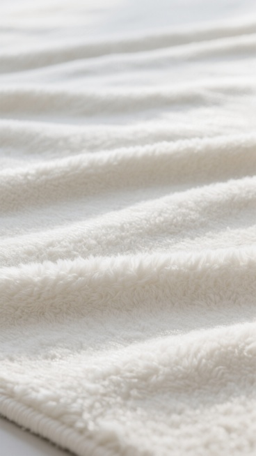 一张高质感的地毯特写，整体呈现纯净的白色调，光线柔和均匀地洒落在表面，营造出明亮、洁净的氛围。地毯表面材质改为光滑细腻、纹理清晰的羊毛，保留原有的大面积覆盖构图和自然的褶皱起伏感，羊毛纤维紧密且带有细预览效果