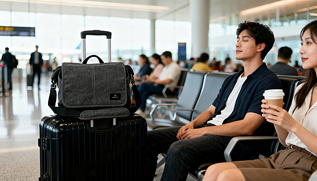 机场候机大厅候机区，现代简约的公共出行空间，一位年轻男性旅客坐在候机座椅上休息，身旁放着黑色行李箱，将用户提供的深灰色水洗帆布主体单肩包放置在行李箱上面，有一位女性手持一次性咖啡杯。背景是虚化的其他等待航班的旅客，整体画面景深较浅。真实摄影风格，商业旅拍，自然清新的日常出行纪实风格。柔和明亮的室内均匀自然光，浅景深效果，主体人物清晰锐利，背景虚化朦胧，画面干净通透，高光柔和不刺眼，暗部细节保留完整，色调自然温暖。横向构图，中景拍摄，主体人物位于画面右侧三分线位置，引导线构图，低视角拍摄，空间层次感强。