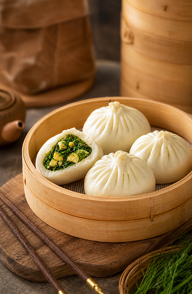 参考原图风格，重新生成美食摄影图，去除图中的所有文字，内容为蒸笼里的茴香鸡蛋包子，一张包子切开露出馅料，写实美食摄影风格，暖调高级质感