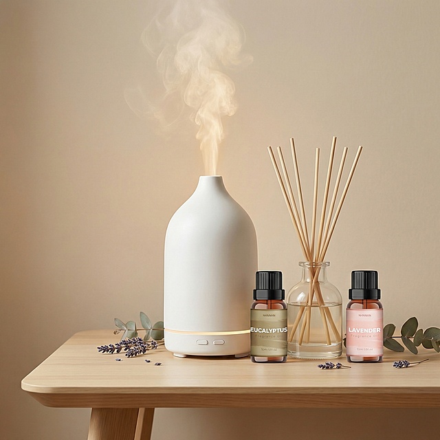 请你帮我生成一张图，图中有一张桌子上面放着一台正在运作的香薰机和无火的透明的玻璃瓶香薰瓶，还有图1和图2的精油瓶，要求不要改动精油瓶瓶身标签纸，生成尺寸1:1