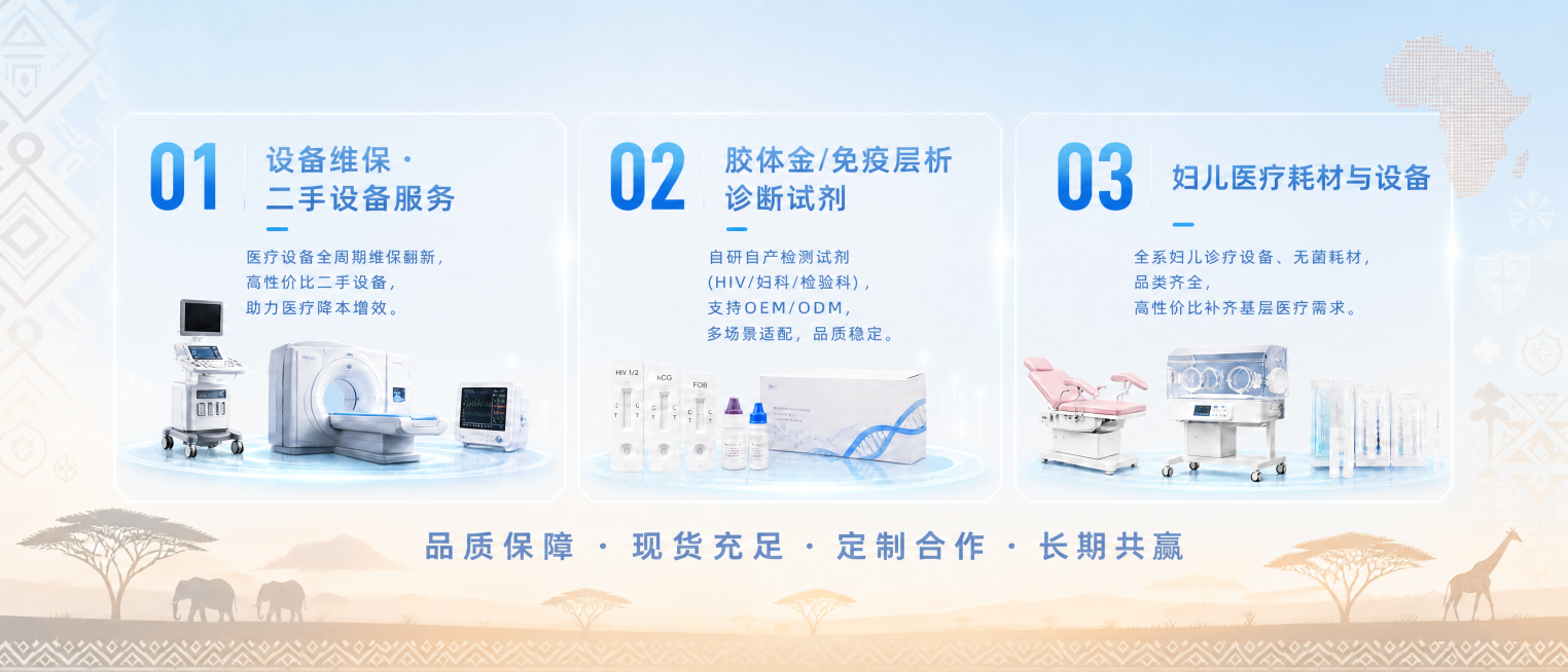 将这张医疗业务亮点背景板调整为浅色调，和主背景一致加入非洲特色元素，背景改为浅蓝搭配暖棕渐变，点缀简约非洲草原轮廓、几何部落纹理，保持整体色调浅淡明亮，保留原有三个业务分区、全部文字和医疗设备元素、版预览效果