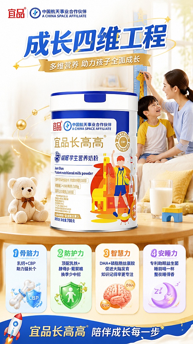 儿童成长奶粉生动营销海报，9:16尺寸，展示宜品长高高娟姗CBP学生营养奶粉产品，主题"成长四维工程"，包含四个卖点：❶ 骨骼力：乳钙+CBP，助力猛长个；❷ 防护力：顶配乳铁+酵母β-葡聚糖，换季少中招；❸ 智慧力：DHA+磷脂酰丝氨酸，促进大脑发育，知识记得牢更专注；❹ 安睡力：专利助眠益生菌，睡前喝一杯，整夜睡得香。亲子温馨风格，清晰突出产品卖点，100% 还原上传商品图的产品外形、包装、LOGO、印刷文字、净含量，以上传图为唯一商品主体来源，完整保留原图中的罐型、轮廓、结构、比例、罐盖、标签版式、品牌 logo、文字信息、材质质感、颜色与正面朝向，包装、配色、产品结构、罐身造型与标签布局均与上传图保持一致；设计仅作用于背景、光影、道具、版式和文字区；商品主体占比 55%～75%，文字不遮挡主体，所有文字清晰可读。整体明亮温馨，亲子温馨风格，版式分区清晰，层级分明，顶部自然光，侧前方柔光，版式精美，4K画质
