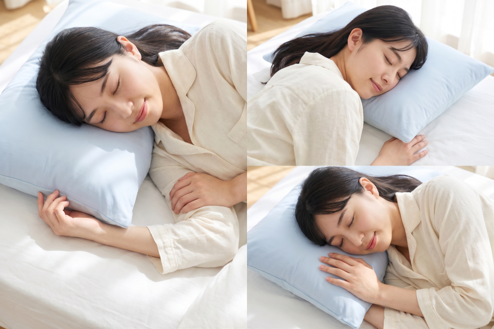 穿着米白色夏季家居服的日本青年女性，躺在床上枕着这款浅蓝色枕头睡得很舒服，不同角度特写商拍照片，给人凉爽舒适的感觉预览效果