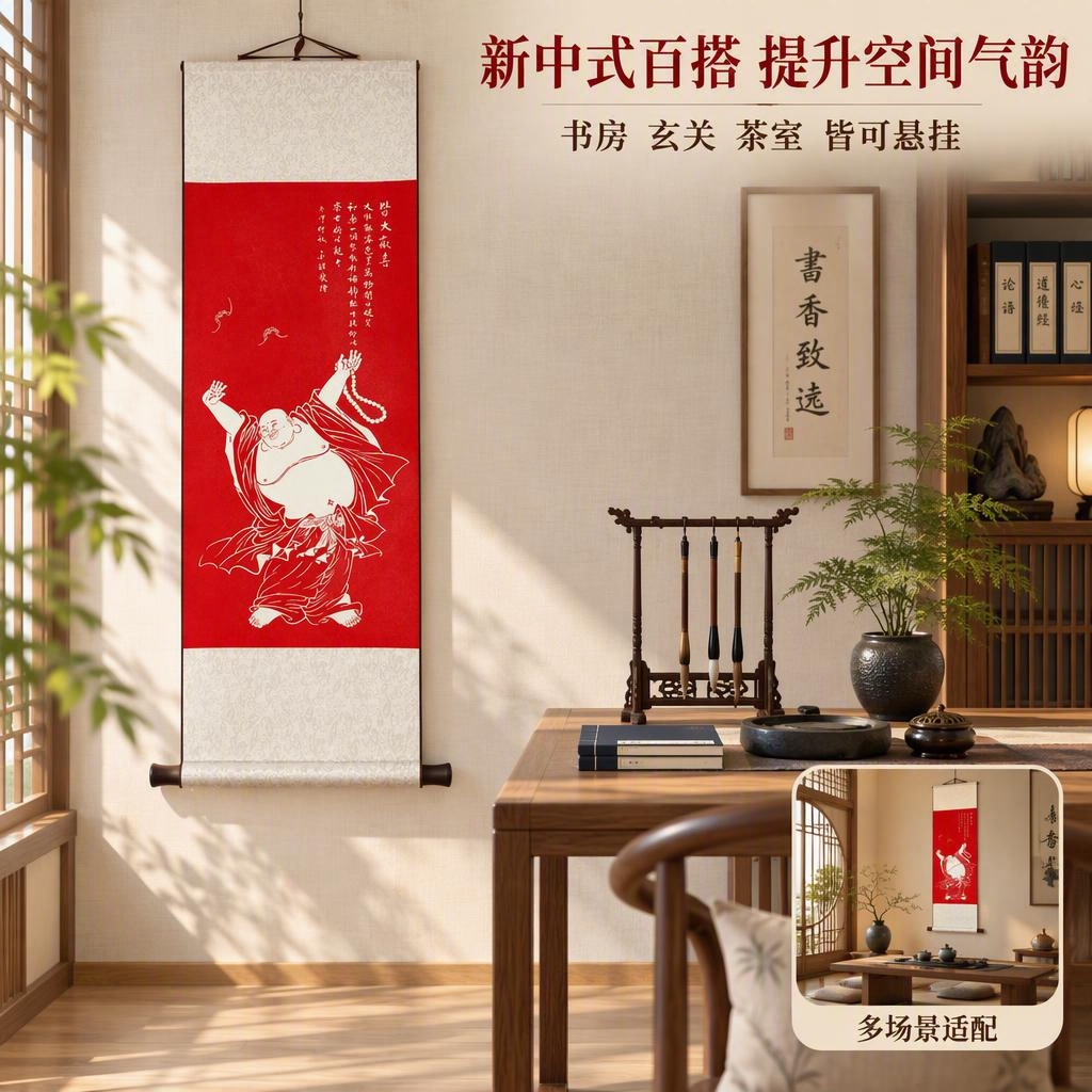 [主图-3] 风格搭配与场景陈列图，展示弥勒佛挂画在书房空间的… - 图片创意预览