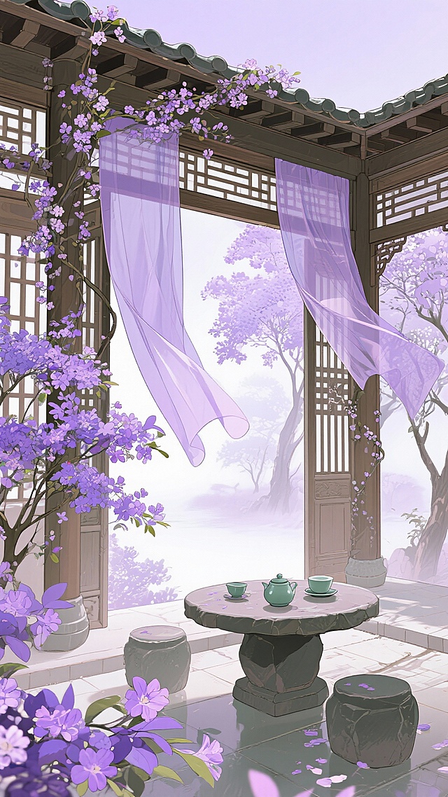二次元，古风，浅紫色庭院，生成10张