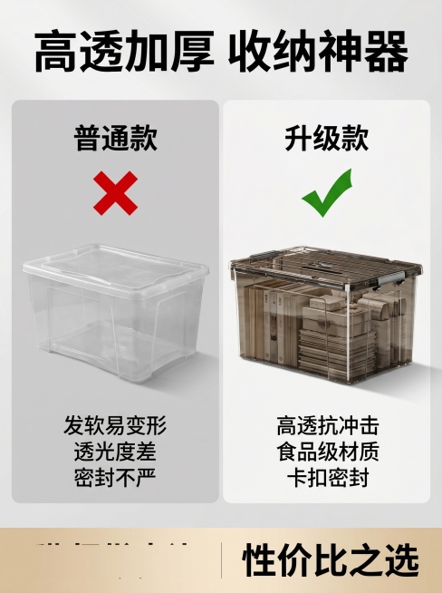 [单张主图] 高透亚克力收纳箱优劣对比拼多多主图，爆款促销感主图，目标突出本品优势。
[参考比对] 用户需求为优劣对比展示，采用竞品对比版式，左侧展示普通劣质收纳箱，右侧展示本品，通过打勾打叉区分优劣预览效果