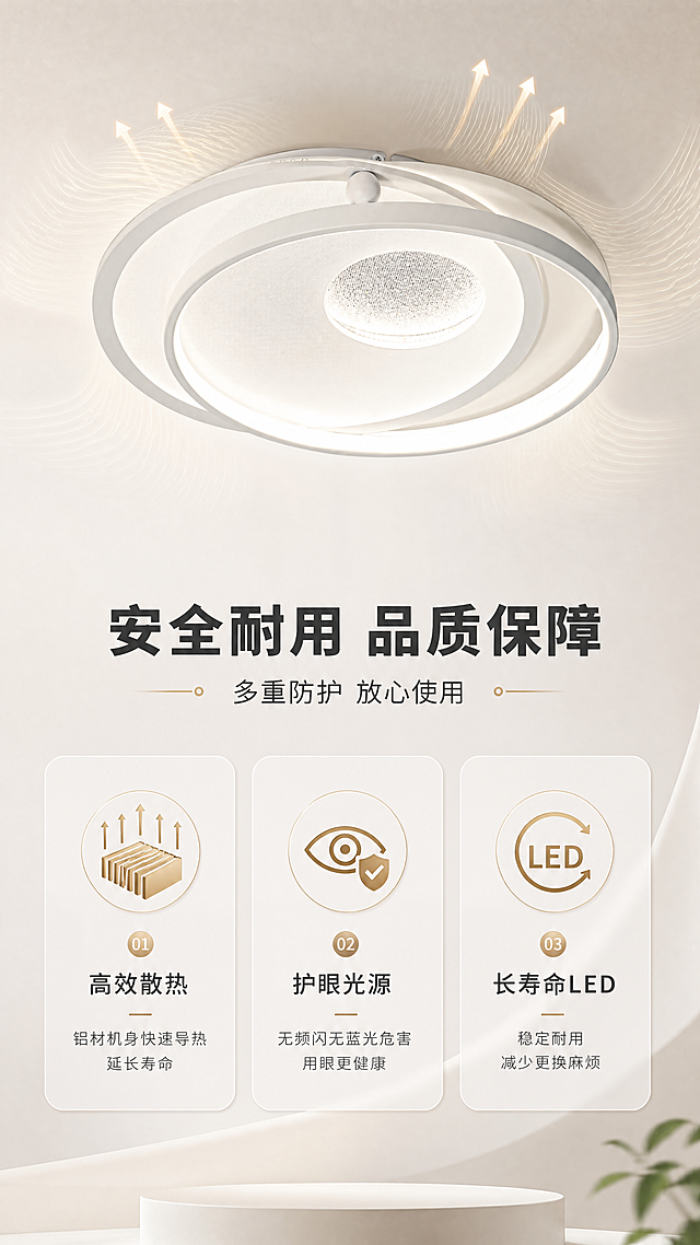 [商品] 使用【图1】M332雅致智能吸顶灯，保留产品结构，配合散热、防频闪等安全性能示意。
[画面] 页面目标：展示产品安全与耐用性能。构图：竖版9:16，上半部分产品侧视/仰视角度，灯体周围有散热波纹/气流示意，表现散热性能；下半部分3个安全性能卡片横向排列。阅读动线：从上到下，先看产品和散热示意再看安全性能说明。
[视觉] 套系策略：风格=现代简约轻奢家居商业摄影；标题字=思源黑体粗体；正文字=思源黑体常规；主色=雅致白+浅灰；背景延展=基于白色和浅暖灰做渐变、同色系深浅层级、细腻哑光质感；强调色=暖金色，仅用于小面积图标、引线和标签点缀；标题色=深炭灰；正文色=中暖灰；组件=圆角浅底信息卡、细线引线、圆点装饰；光影=顶部暖柔光，灯体自发光，散热气流用淡色线条表现。
[文字] 主标题：安全耐用 品质保障；副标题：多重防护 放心使用；3个性能点：① 高效散热 铝材机身快速导热 延长寿命 ② 护眼光源 无频闪无蓝光危害 用眼更健康 ③ 长寿命LED 稳定耐用 减少更换麻烦；文字横向排版，位于画面下半部。
[规格] 图片比例9:16竖版，4K分辨率，避免变形、错字、文字过小、冷蓝背景、产品结构改变。