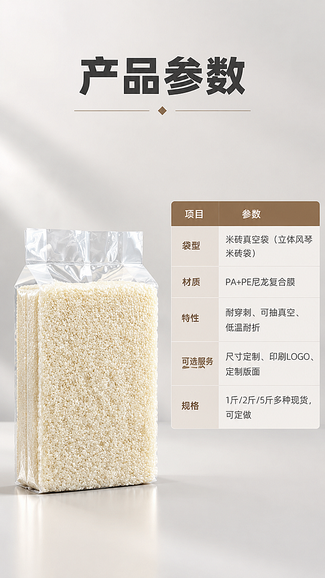 [商品] 使用【图5】中的透明米砖真空包装袋（成型米砖袋）；保留袋身透明空白无印刷、风琴边结构，不在袋子主体上添加任何文字；商品处理：保持米砖方正立体形态，增强袋身通透质感。
[画面] 9:16竖向详情页（产品参数板块），参数信息卡型。左下角放置一个成型米砖袋，占画面左下约40%；右侧大面积留白放置参数表格，表格清晰规整。浅灰白干净背景，柔和柔光，商业静物棚拍。
[视觉] 套系策略：风格=商业静物棚拍写实风；标题字=粗黑体；正文字=常规黑体；主色=浅灰白；背景延展=基于浅灰白做深浅层级渐变与细腻哑光质感；强调色=深米棕，仅用于小面积图标、引线和表格表头；标题色=深炭灰；正文色=中暖灰；组件=规整参数表格、细线分隔、表头底色；光影=左前侧柔和柔光。
[文字] 画面顶部横向排版标题"产品参数"；右侧参数表格横向排版（两列：项目/参数），内容为：
袋型：米砖真空袋（立体风琴米砖袋）
材质：PA+PE尼龙复合膜
特性：耐穿刺、可抽真空、低温耐折
可选服务：尺寸定制、印刷LOGO、定制版面
规格：1斤/2斤/5斤多种现货，可定做
文字工整清晰，表格对齐有序。
[规格] 9:16竖向，4K高清，无水印，图片清晰，避免变形、错字、文字过小、冷蓝背景、袋身加文字、虚构参数。