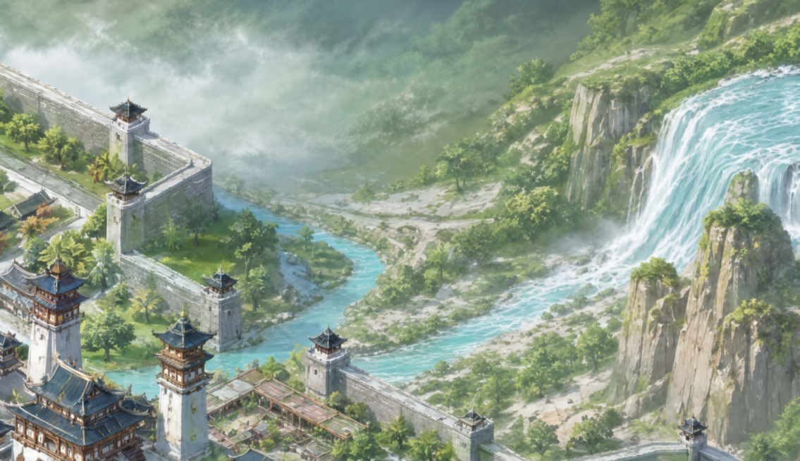 修改这张图中的河流，改窄河道，让水流从高山流下后自然过渡到缓和平静的水流，保持整体写实清新国风预览效果