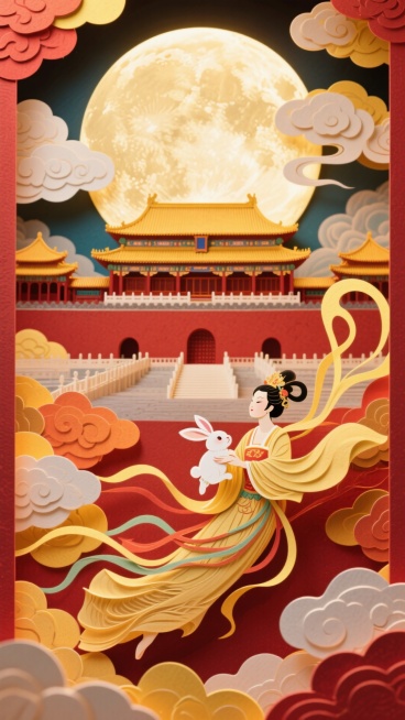 全景构图，近景是嫦娥抱着玉兔飞天，中间是故宫和繁华的古建筑，背后是硕大的圆月和云彩，画面四周祥云环绕，画面整体充满喜庆和华丽，画面呈现喜庆的暖色调预览效果