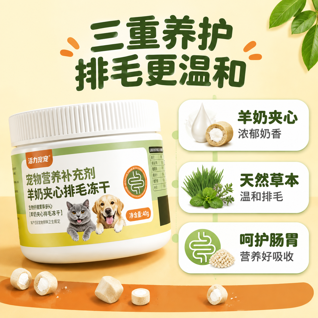 [主图-2] 核心配方与多效养护卖点图 展示羊奶夹心+草本排毛… - 图片创意预览